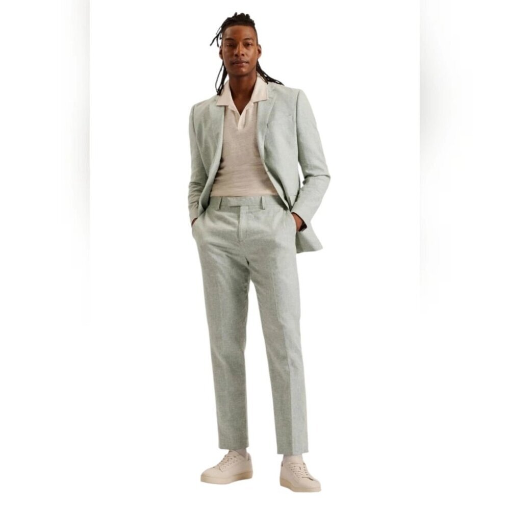 Ted Baker Men's Damaskt Slim-Fit Linen Cotton Tailored Trousers Olive Size 30R